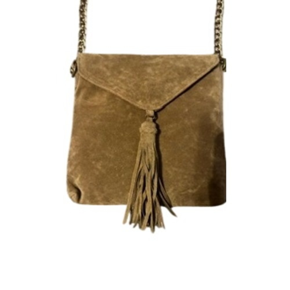 Joie Brown Faux Suede Tassel Crossbody Bag Gold Chain Strap Envelope Flap